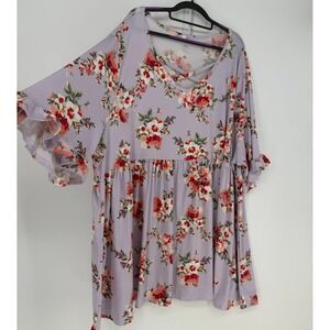 Curvy Lovey Floral Tunic Womens 5XL Lavender Criss Cross Bell Sleeve Peplum Boho